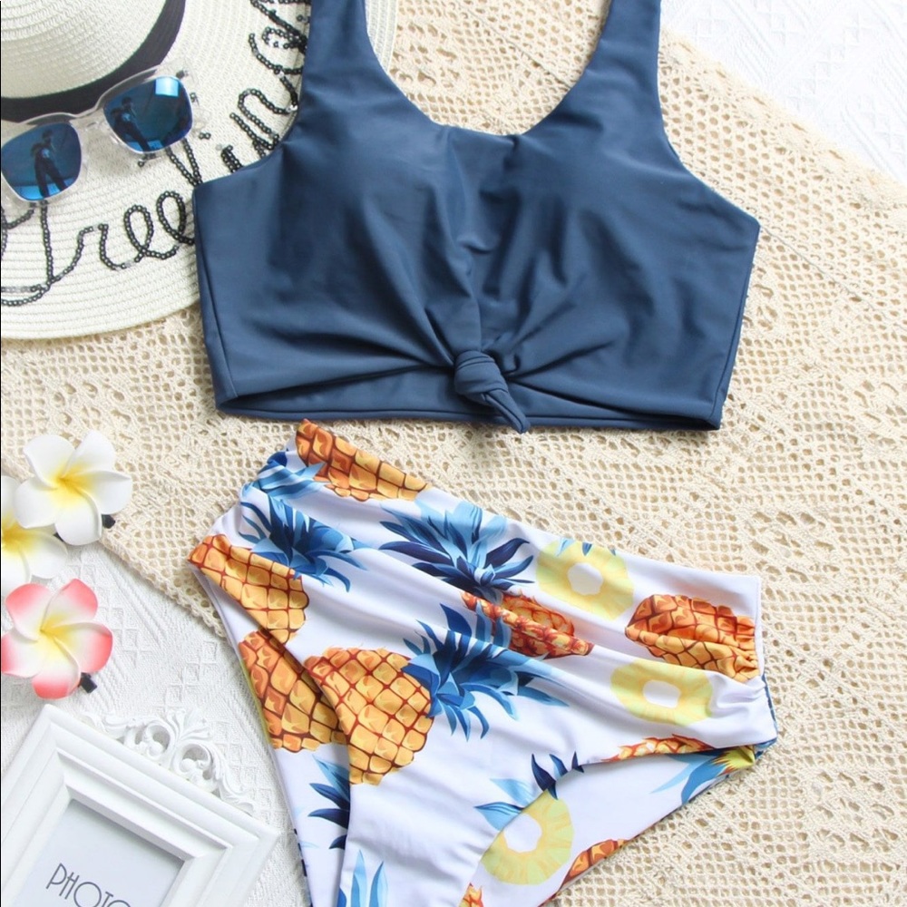 Pineapple Print Knot Hem Ruched Bikini Swimsuit